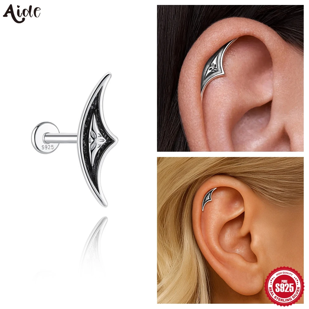 Aide S925 Sterling Silver Vintage Elf Ear Crawler Earring Gothic Vintage Crescent Cartilage Stud for Women Punk Piercing Jewelry