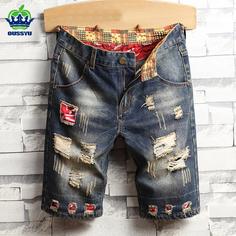 OUSSYU 2024 Summer New Men's Ripped Short Jeans Hole Streetwear Fashion Blue Denim Shorts Brand Clothes Large size 28-40