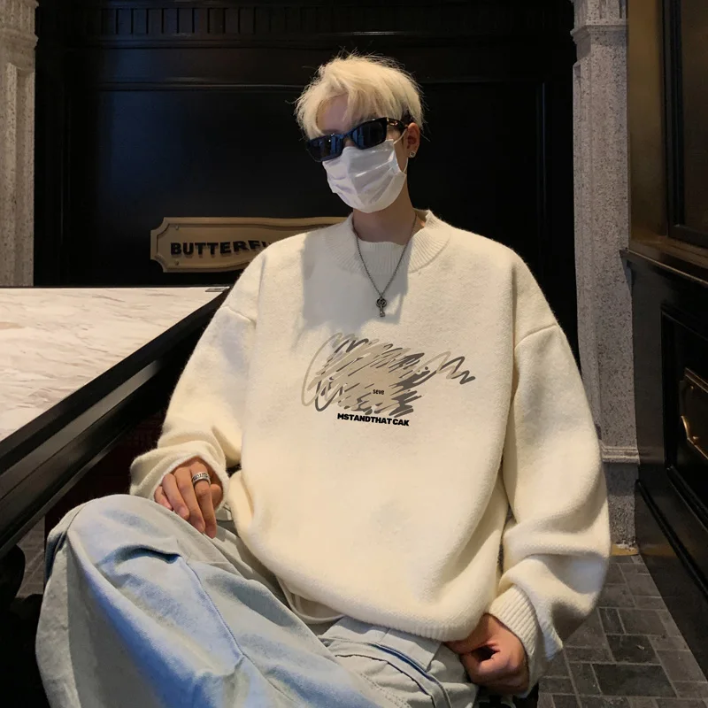 เสื้อสเวตเตอร์ผู้ชายไซส์ใหญ่ สไตล์ลำลอง ลายพิมพ์แฟชั่น สำหรับฤดูใบไม้ร่วง สีขาว ถักนิตติ้ง ไซส์ 5XL เสื้อผ้าผู้ชาย