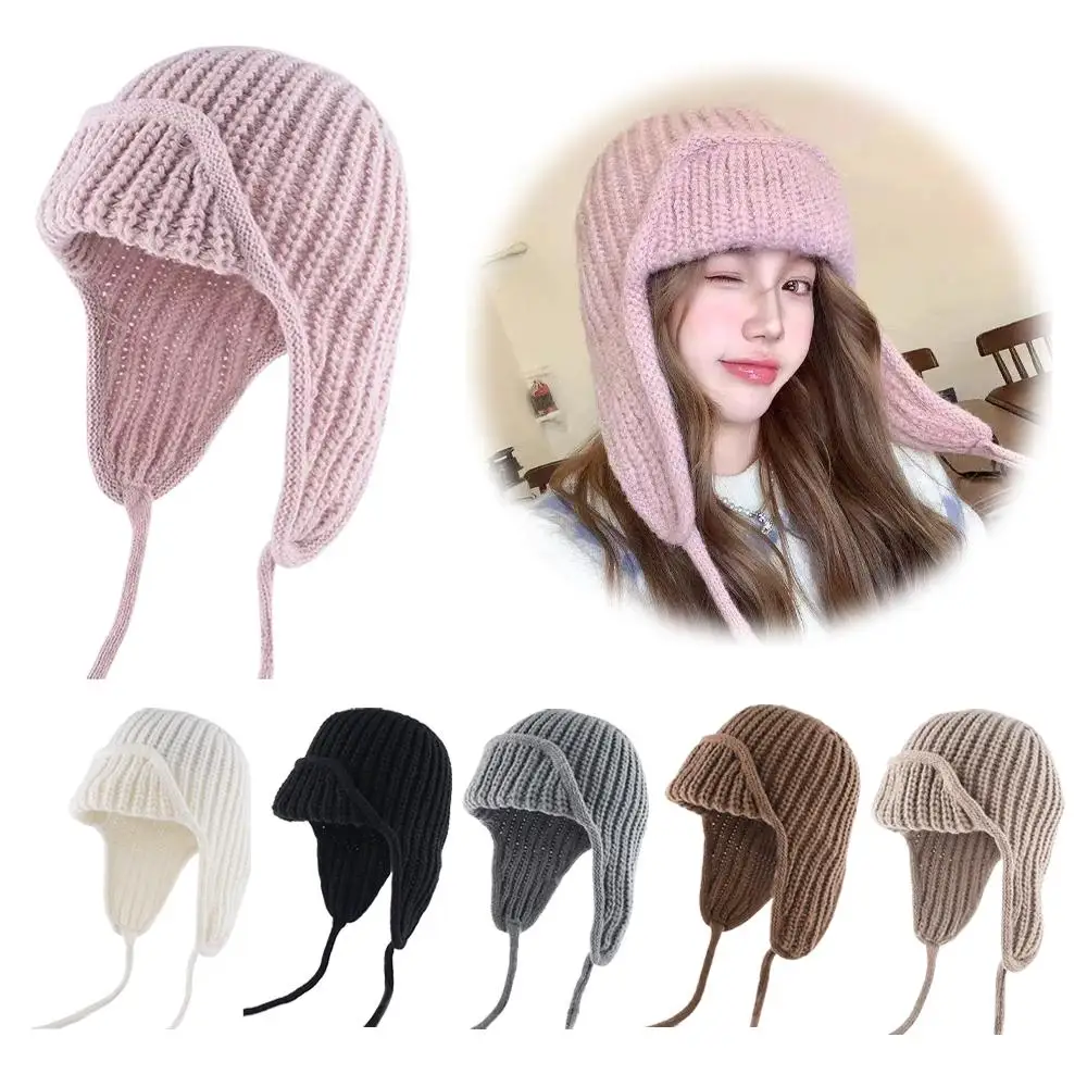 冬用ニット帽子セット 暖かい耳保護フライトキャップ ソフトウールヘッドスカーフ付き ゆったりとした顔に優しいニットイヤーマフハット