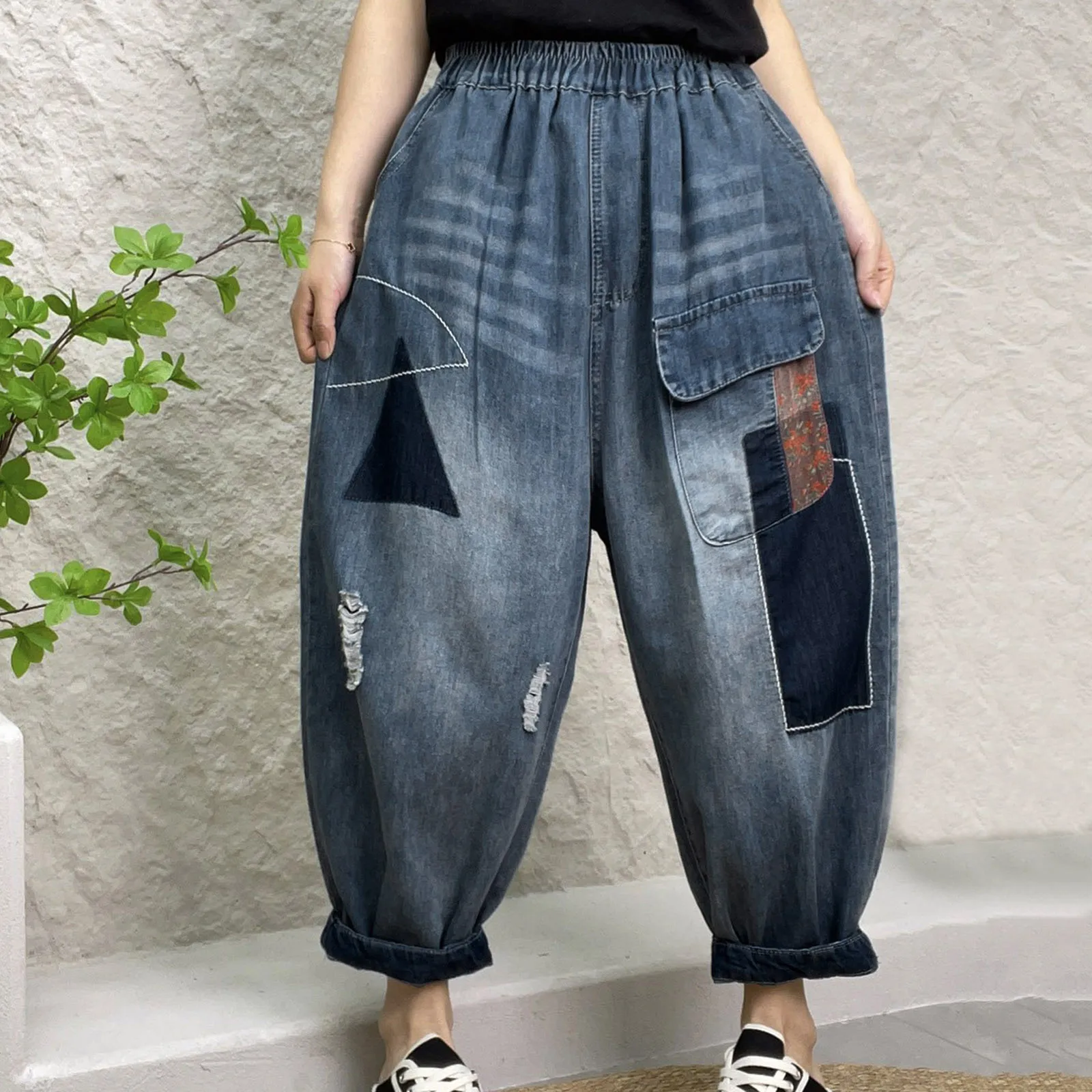 

Women Casual Ethnic Style Washed Simple Capri Pants Elastic Waist Printed Patch Jeans All-Math Plain Pocket Pants Leisure