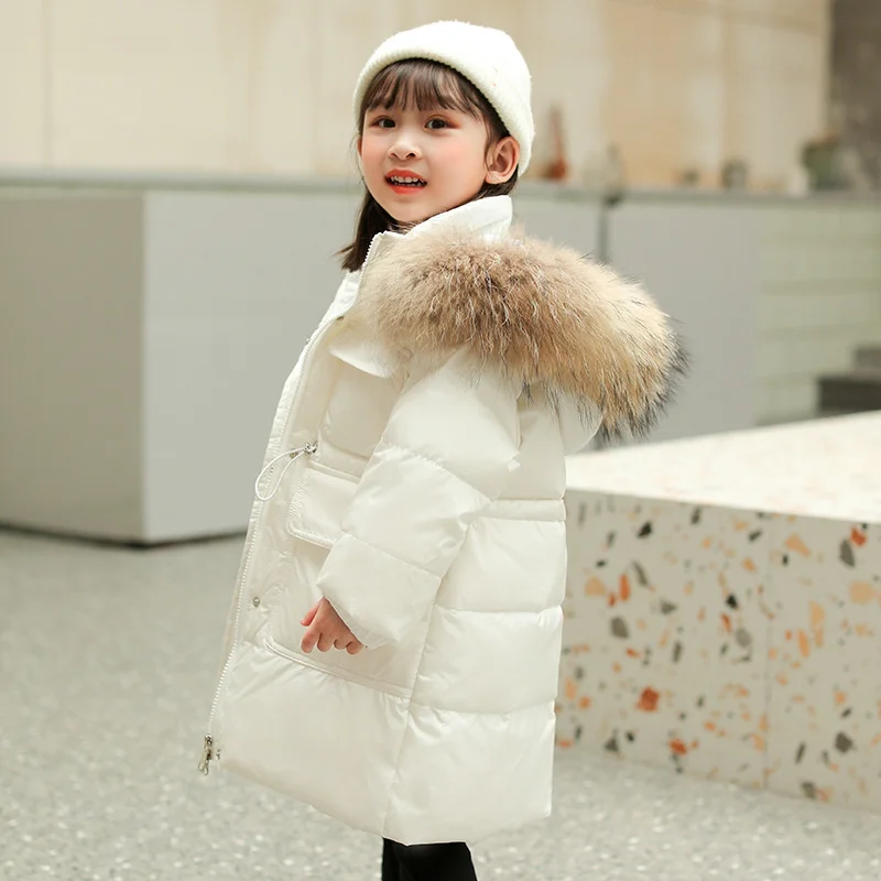 Down New Winter long thick Jacket for girl clothes Hooded parka real Fur toddler Coat Kids snowsuit Outerwear clothing overcoat