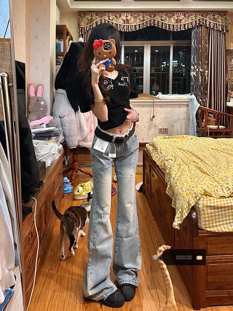 

Low Waist Wide Leg Jeans Women's Light Blue Lace Trim Bell Bottoms Summer Design Sensation Drapey Hoof Pants