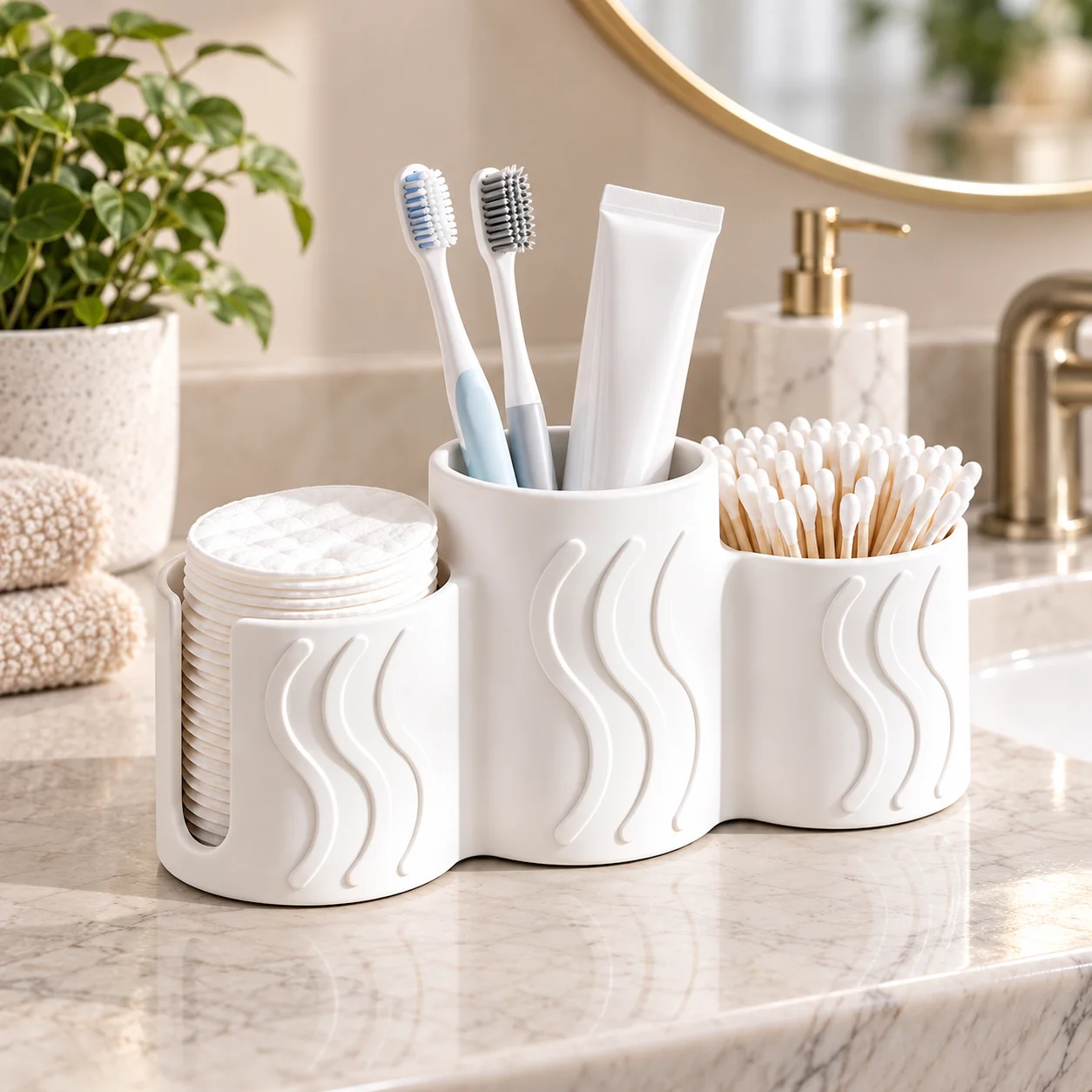 Multifunctional Three-Compartment Wave-Pattern Storage Box, White Multi-Purpose Makeup Brush and Toothbrush Holder, One Item for Multiple Uses, Suitable for Various Scenarios, Can Be Used as a Toothbrush Holder and Toiletry Organizer in the Bathroom, Can Be Used as a Makeup Brush Holder and Beauty Organizer on the Dressing Table, Can Be Used as a Pen Holder and Stationery Organizer in the Office, Three Distinct Compartments for Organizing Various Small Items, Simple Modern Design That Goes with Various Decor Styles, Smooth Material That Is Easy to Clean and Durable, Suitable for Home, Office, and School, Excellent Value for Money