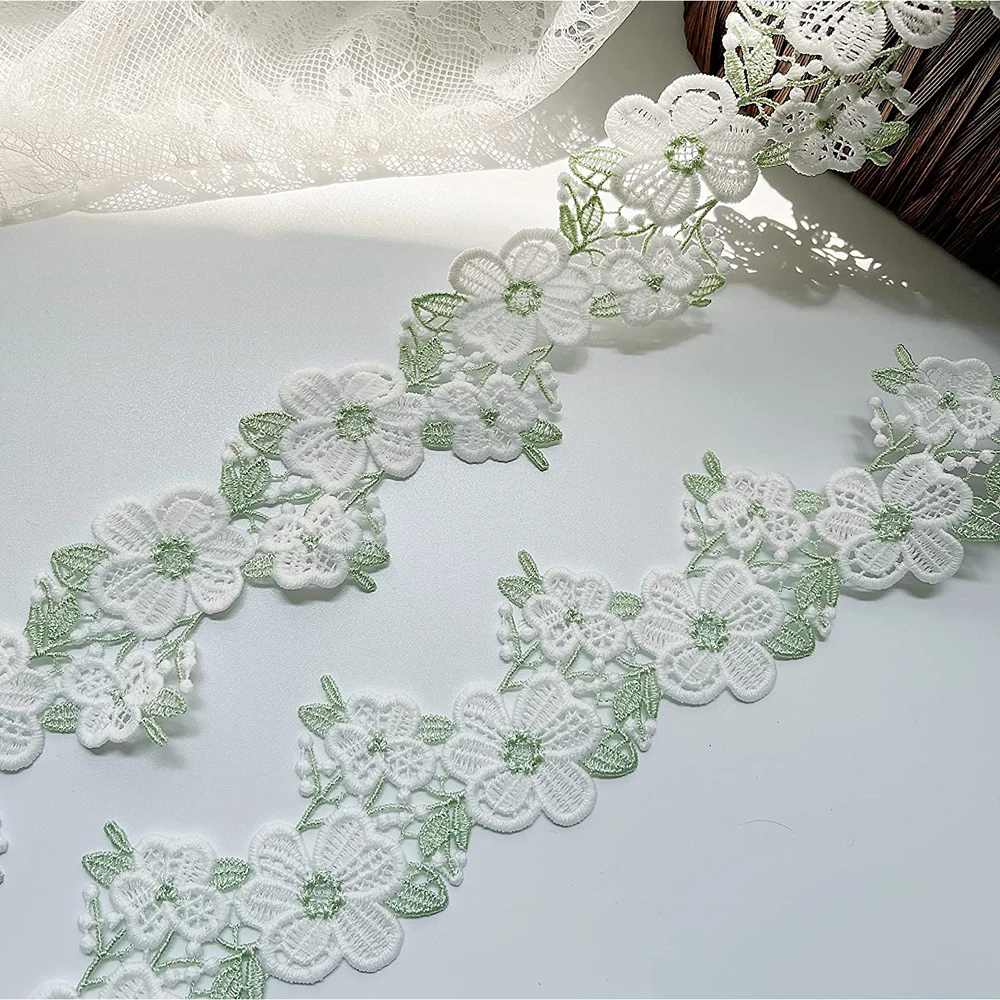 1 Yard White Green Craft Flower Lace Fabric Venise Floral Embroidered Applique Decorated Ribbon 5CM Wide