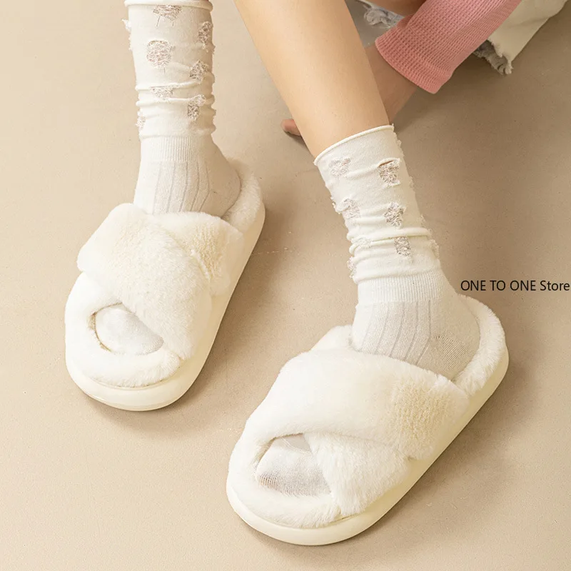 

Fairy Furry Slippers Women's Autumn and Winter Indoor Home Thick-soled Non-slip and Versatile Cross Plush Warm Cotton Slippers