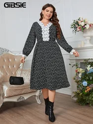 GIBSIE Plus Size Ditsy Floral Contrast Lace A-Line Dress Women Spring Fall Vintage High Waist Long Sleeve Female Midi Dresses