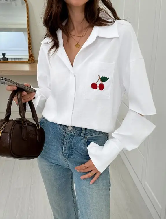 

Woman Blouse 2025 Spring Autumn New Elegant Cherry Print Vacation Versatile Pocket Turn-Down Collar Long Sleeved Casual Shirt