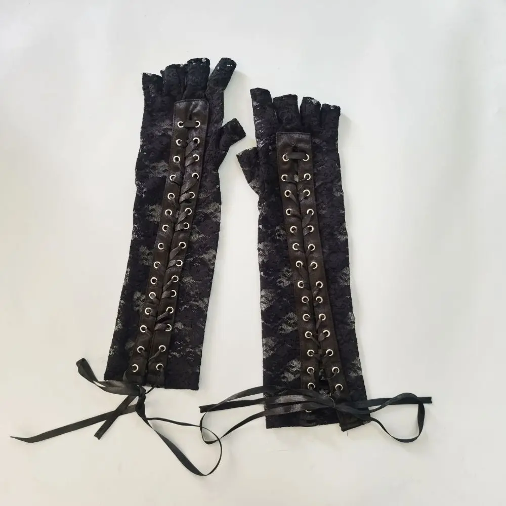 Slim Elastic Lace Strap Gloves Long Gloves Lolita JK Ribbon Half Finger Gloves Punk Elbow Long Women Gloves Photography