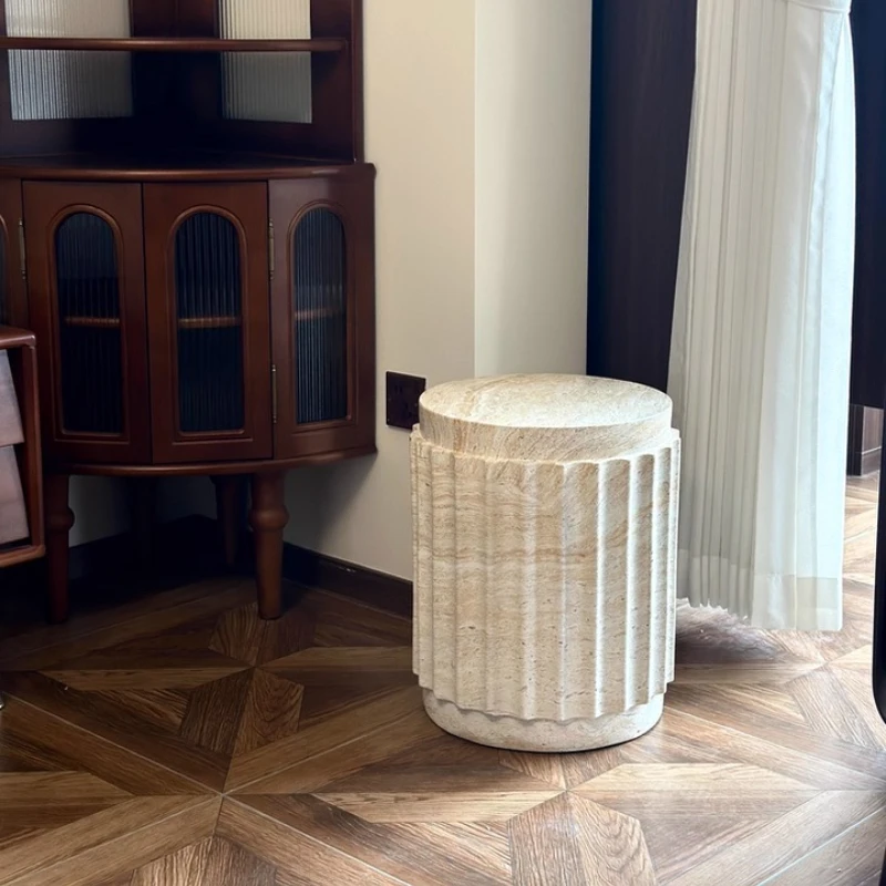 Modern Roman Column Imitation Travertine Side Table round Coffee Table for Hotel Living Room Sofa Accent Nightstand