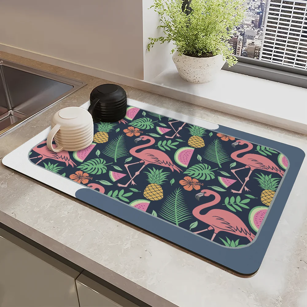 

Fashion Flamingo Flower Draining Pad Drying Mat For Kitchen Bar Coffee Dishes Rubber Quick Drying Water Absorbent Anti-slip Mat