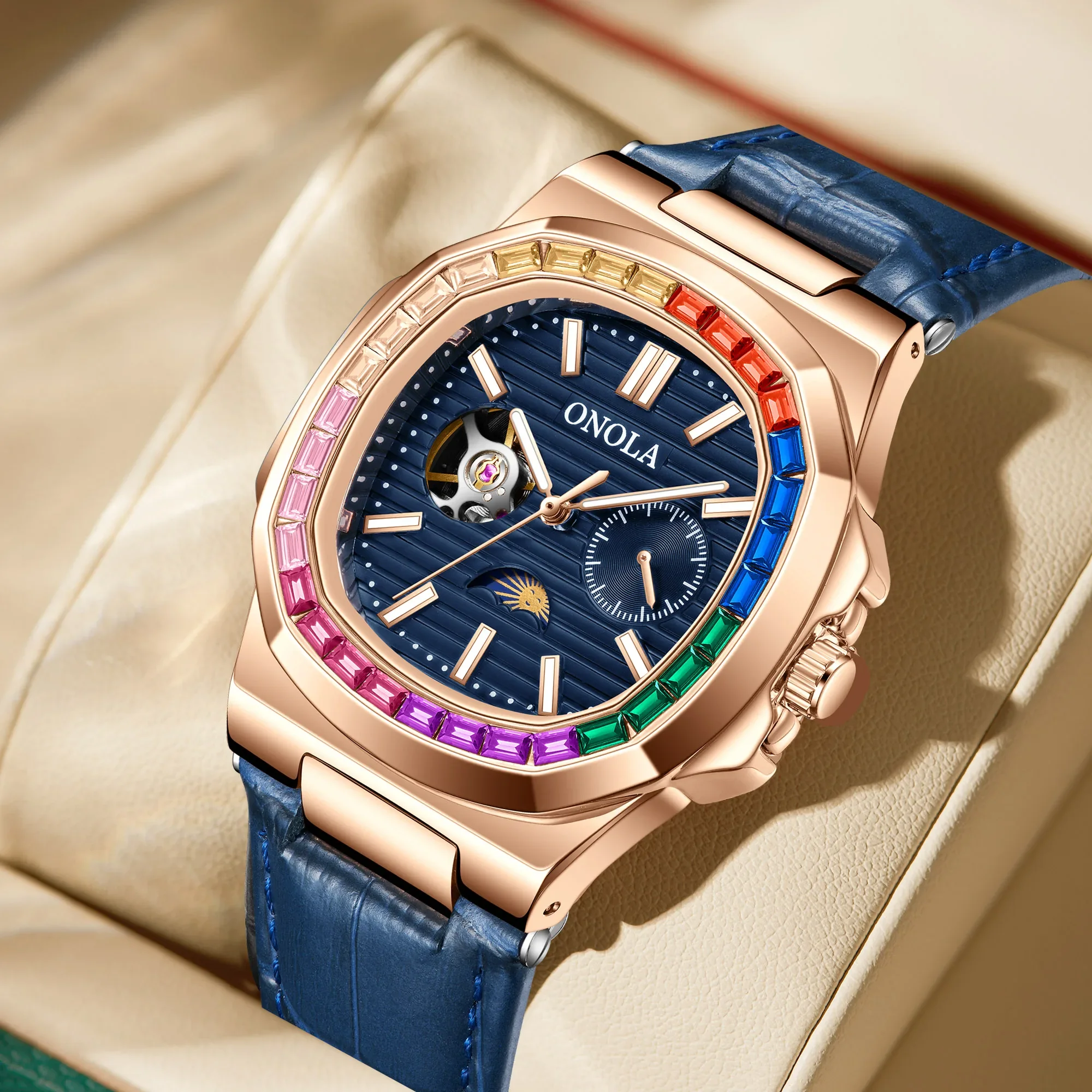 

ONOLA 3855 модные цветные полые полностью автоматические механические мужские часы с бриллиантами, водонепроницаемые кожаные часы с фазой Луны для мужчин
