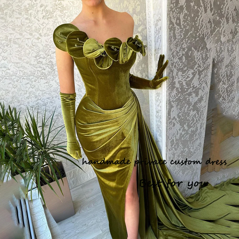 

Olive Green Velvet Mermaid Evening Dresses with Slit One Shoulder Sexy Bodycon Prom Party Dress 2024 Womens Formal Gala Gowns