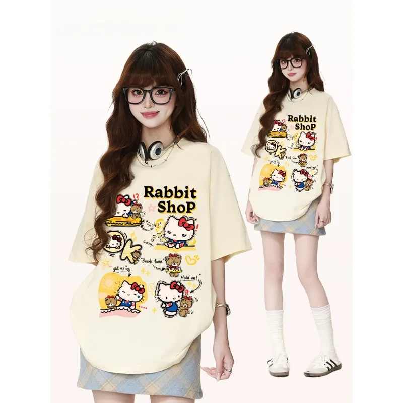 

New Korean Cartoon Hello Kitty 3D Printed Short Sleeved T-shirt, Loose and Versatile, Quick Drying Top, Trendy
