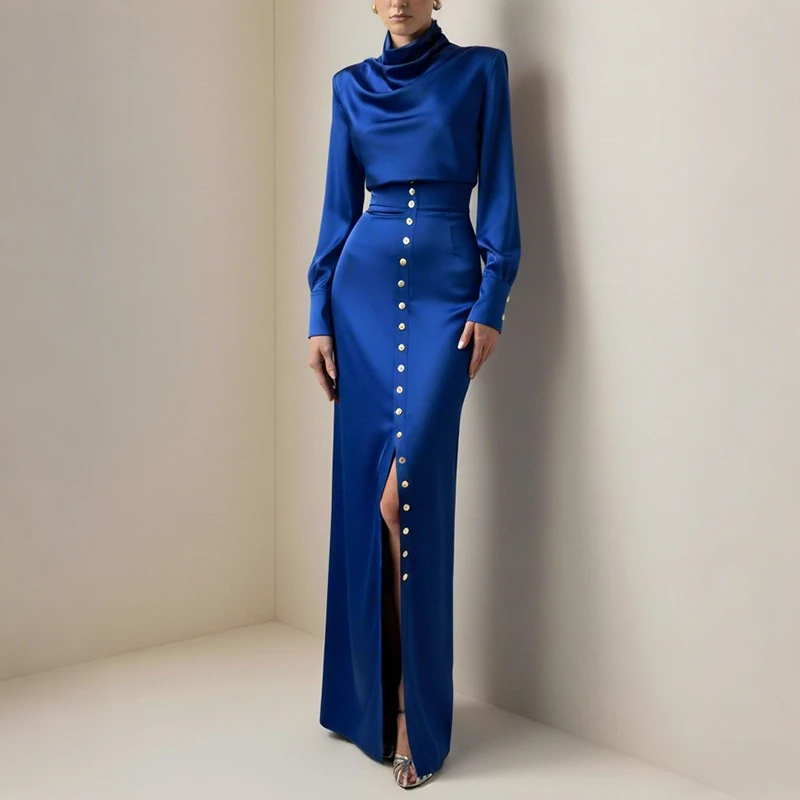 

Modigirl Women's Evening Dress Set 2026 High-Neck Shirts Tops High-slit Gold Buttons Elegant Woman Maxi Dress for Formal Party