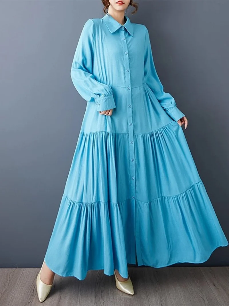 2025 herbst Lose Große Größe frauen Kleidung Einfarbig Plissee Spleißen Medium Lange Mode Lässig Temperament Kleid W840 ﻿