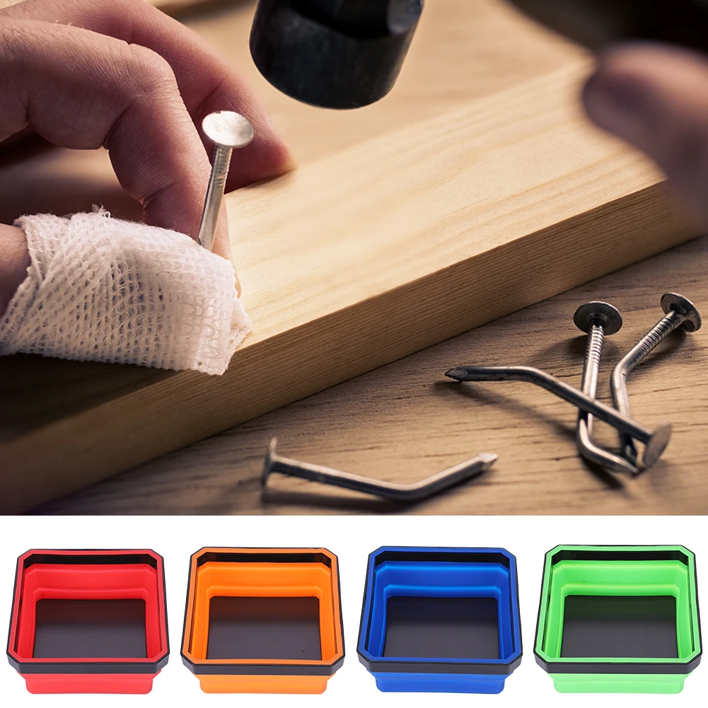 4.53 In Magnetic Screw Tray Collapsible Magnetic Parts Tray Square Silicone Screw Bowl Magnetic Tray Box for Small Metal Part