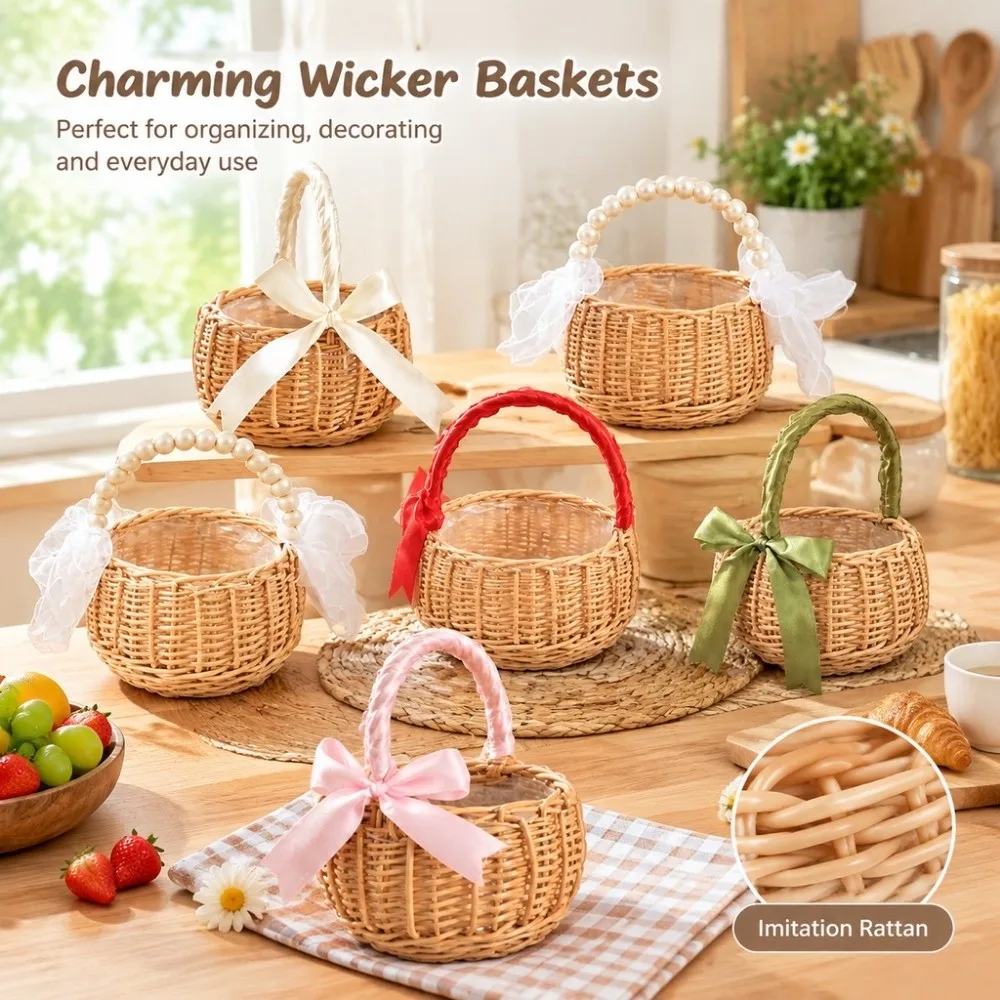 with Handles Imitation Rattan Handhold Basket Handwoven Multistyles Braid Storage Baskets Vegetable Fruit Flowers Holder