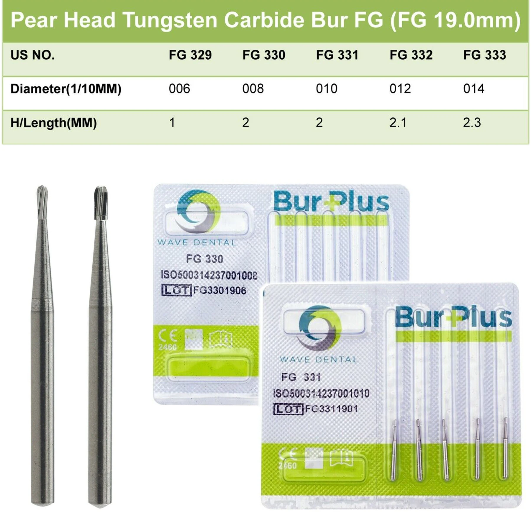 PRIMA WAVE Dental Tungsten Carbide Burs Midwest Pear Head Type FG330/331 for High Speed Handpiece Dia.1.6mm 5Pcs/Pack