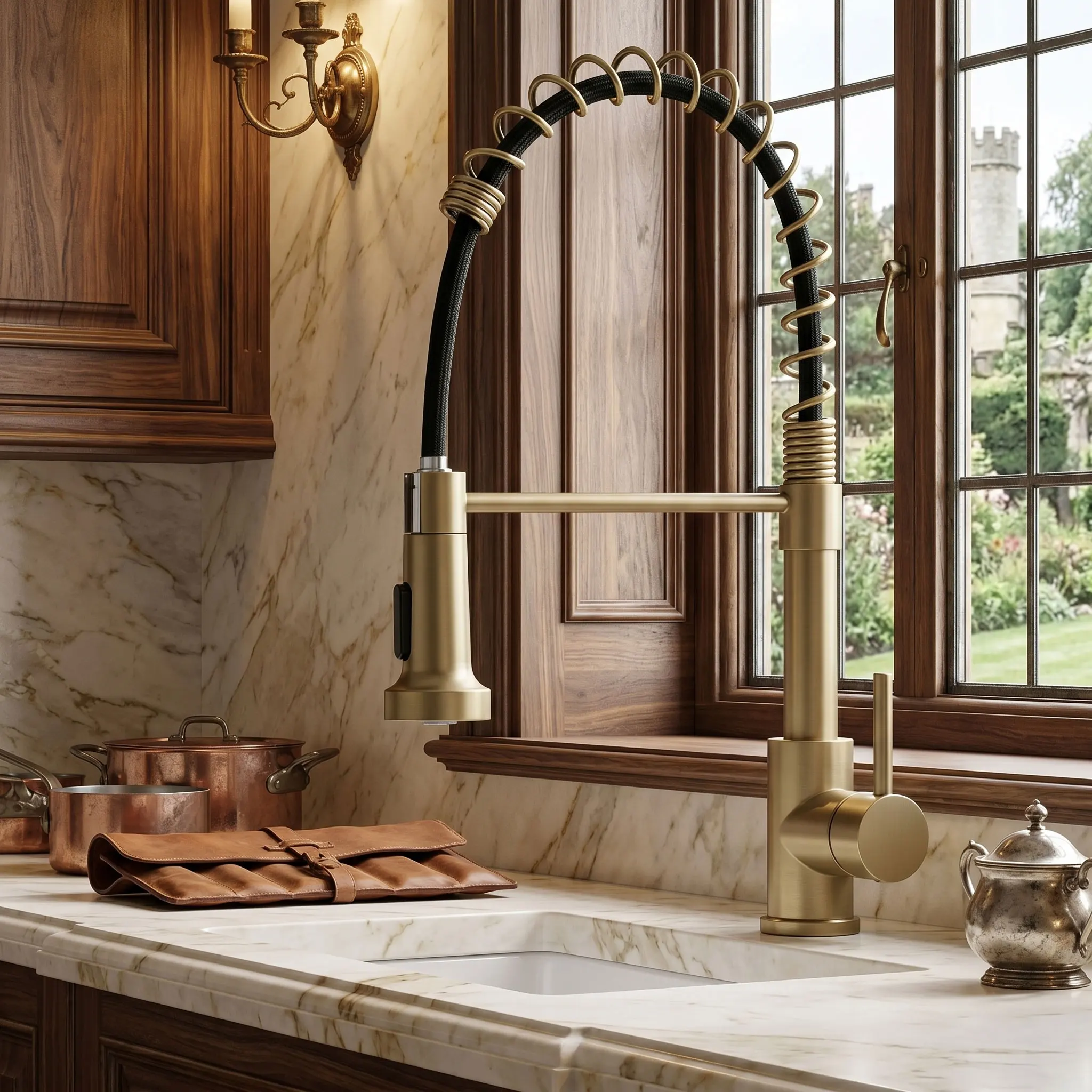 Brushed Gold Pull Down Kitchen Sink Faucet Brushed Gold Swivel Spout Kitchen Tap Hot And Cold Water Kitchen Mixer