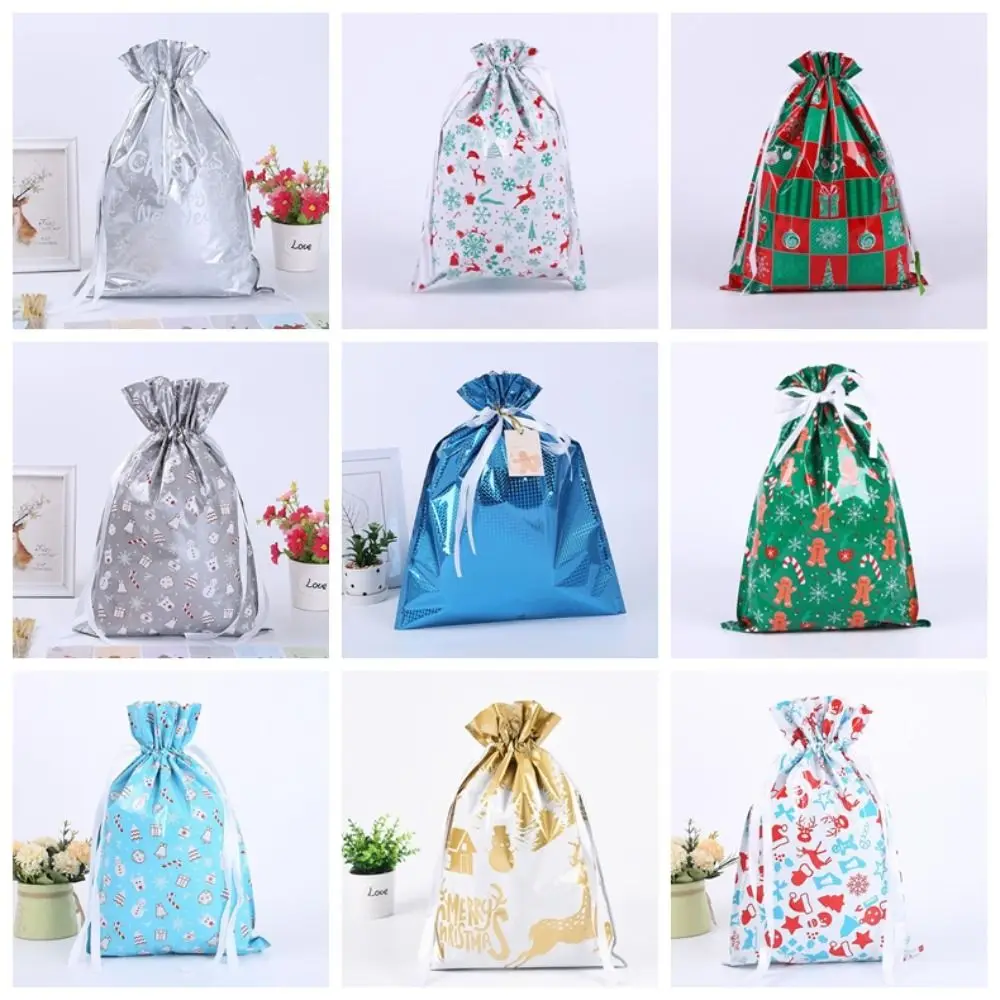 3pcs 2024 Plastic Gift Bag Cute Deer Pattern Drawstrings Bags Colorful Fine Printing Packaging Bags