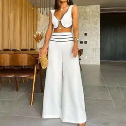 Elegant Women Outfit Women Fashion Two Piece Set Low-cut V Neck Tops & Straight Pants Vintage Female Chic Lady Pants Suit