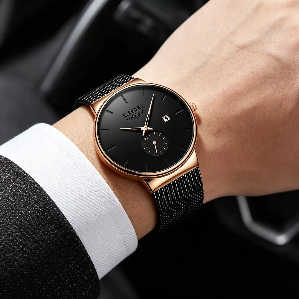 LIGE Mens Watch Fashion Rose Gold Timing Small Dial Original Quartz Movement Stainless Steel Casual Sports Men Watches