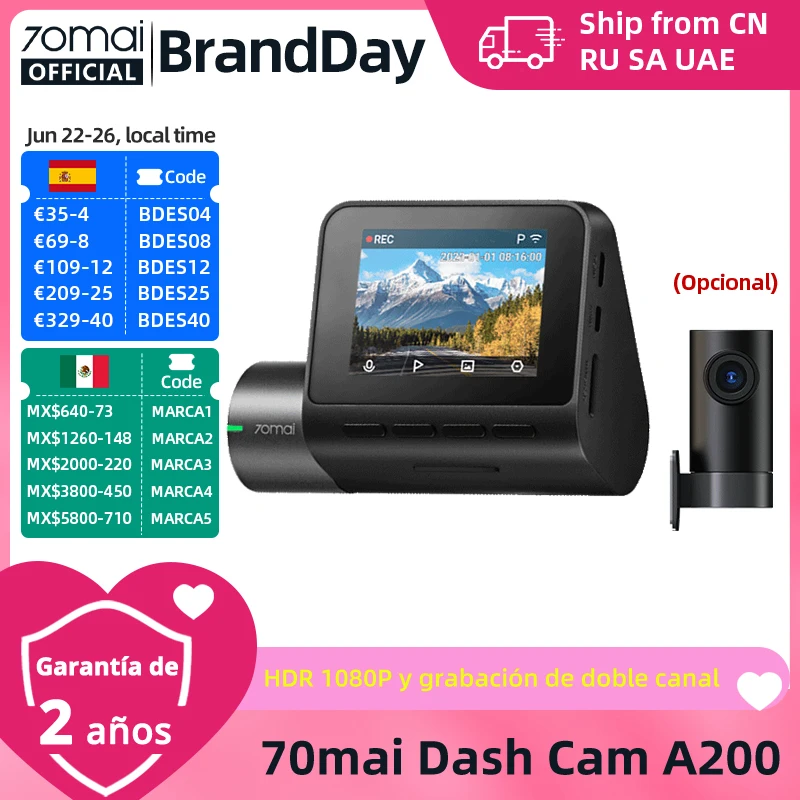 Cámara para Auto 70mai A200 Global, Grabación de Doble Canal, 1080P HDR, Pantalla IPS de 2'', Monitor de Estacionamiento 24H, DVR para Auto, 70mai A200 WIFI APP 130 °   FOV