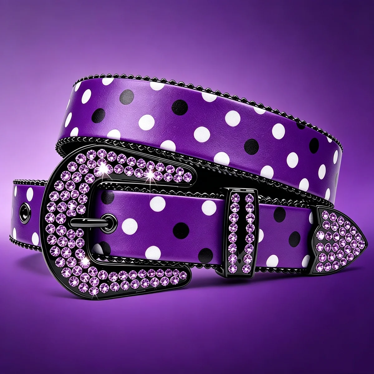 

Black White Polka Dot Print Rhinestone Waist Belt Unisex Fashion Accessory for Men Women Daily Decorative Waist Belt