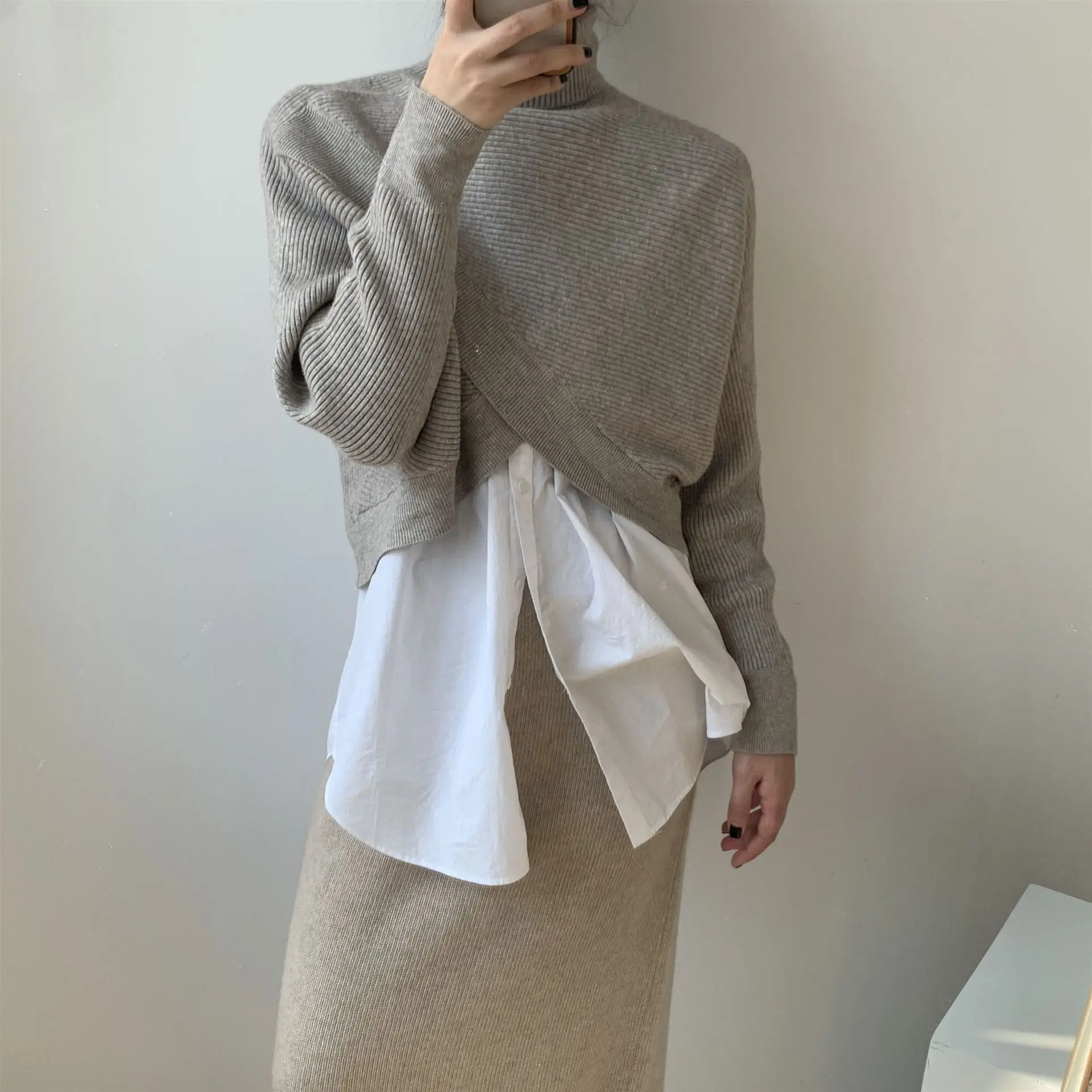 Autumn Winter Turtlenecks Sweater Women Irregular Design Knitwear Commuting Knitted Tops Fashion Solid Color Pullover Sweaters