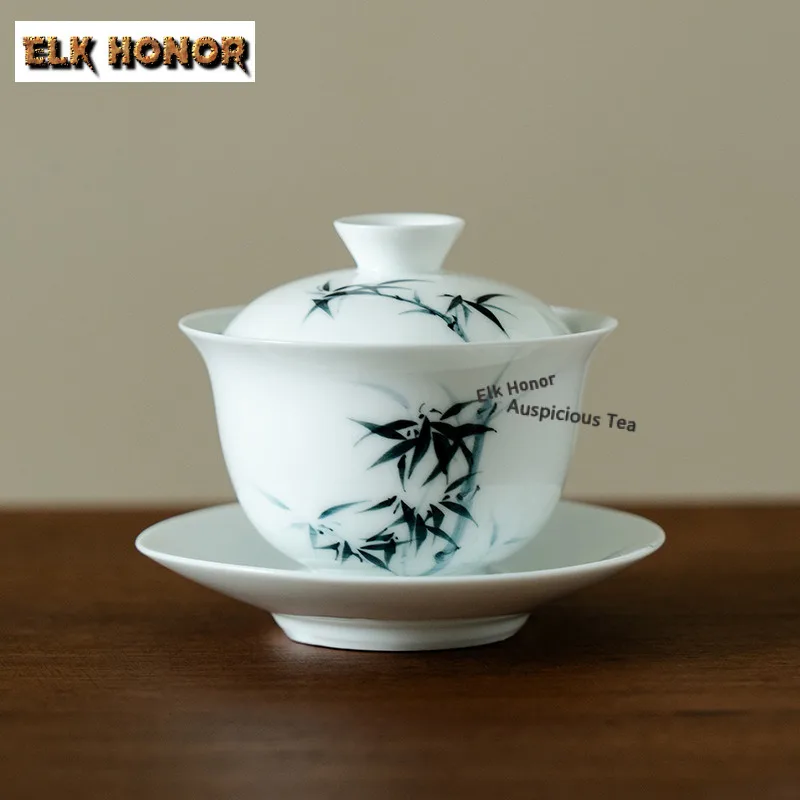 

160ml Hand-painted Bamboo Jade Gaiwan Elegant Tea Tureen Tea Bowl with Lid Kit Tea Brewing Cover Bowl Kung Fu Tea Set Decoration