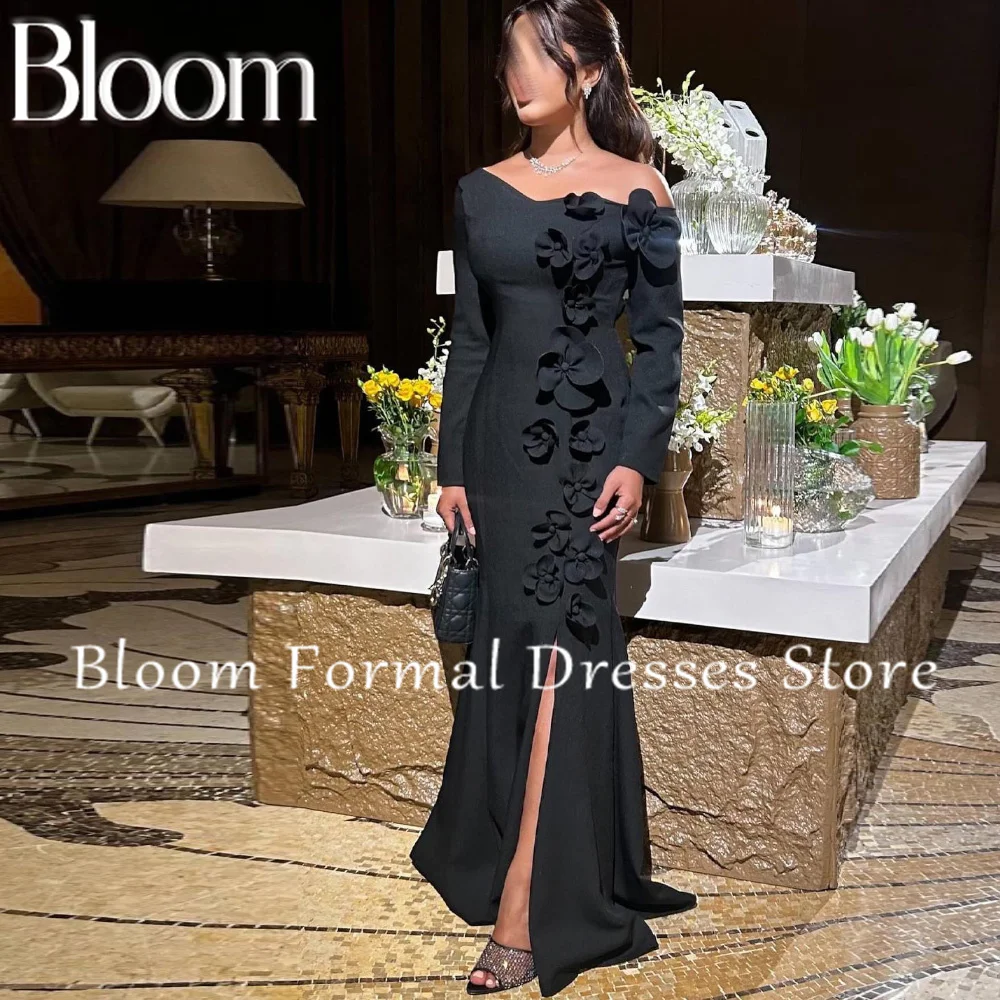 Bloom Customized One Shoulder Side Silt Solid Color 3D Flowers Zipper Back Long Sleeves Off the Shoulder Bespoke Occasion Gowns