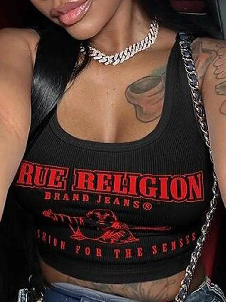 Camiseta sin mangas recortada Y2K para mujer, camiseta gráfica Sexy, ropa de calle estampada a la moda, camisetas superiores de verano 2025, estilo callejero