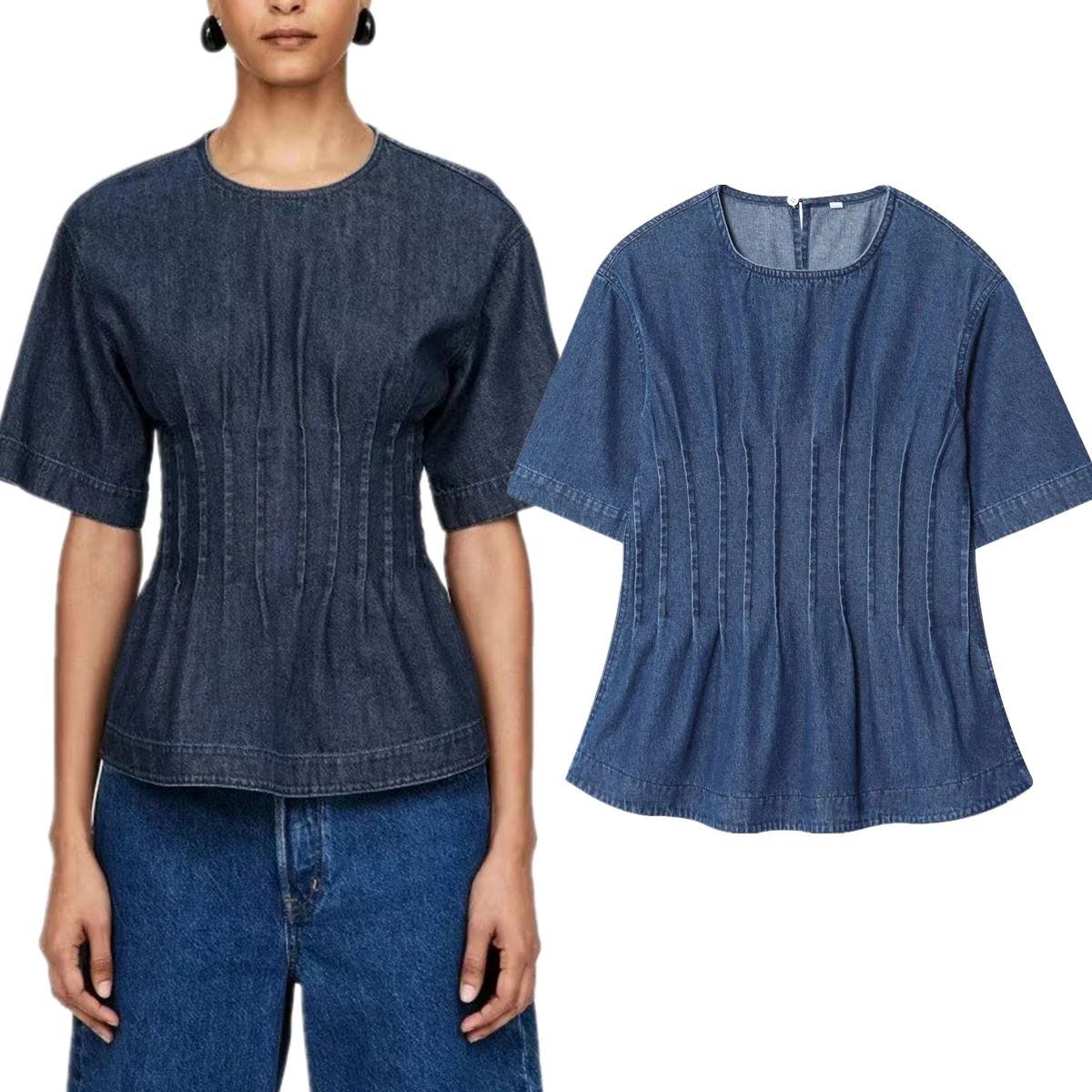 

Maxdutti Nordic Minimalist Fashion Washed Distressed Denim Shirt Round Neck Short Sleeve Blouse Women Pullover Top