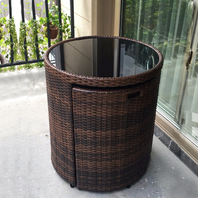 Three-piece Balcony Tea Set: One Table and Two Rattan-style Chairs Suitable for Outdoor Patios, Gardens Terraces Durable Metal