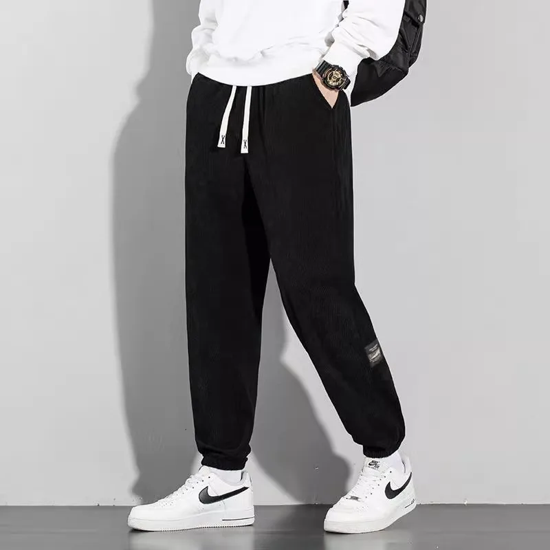 Casual men's pants in spring and autumn, trendy sports pants with pit ties, wide legs and a sense of drape, sweatpants, loose me