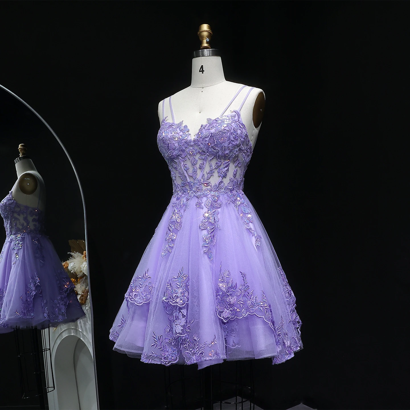 Sharon Said Fliederfarbenes Doppel-Spaghettiträger-Homecoming-Kleid mit Blumenperlen, A-Linie, Tüll, Dubai Cocktail-Abschlussball-Partykleid RM128 Maßanfertigung – Detail 6