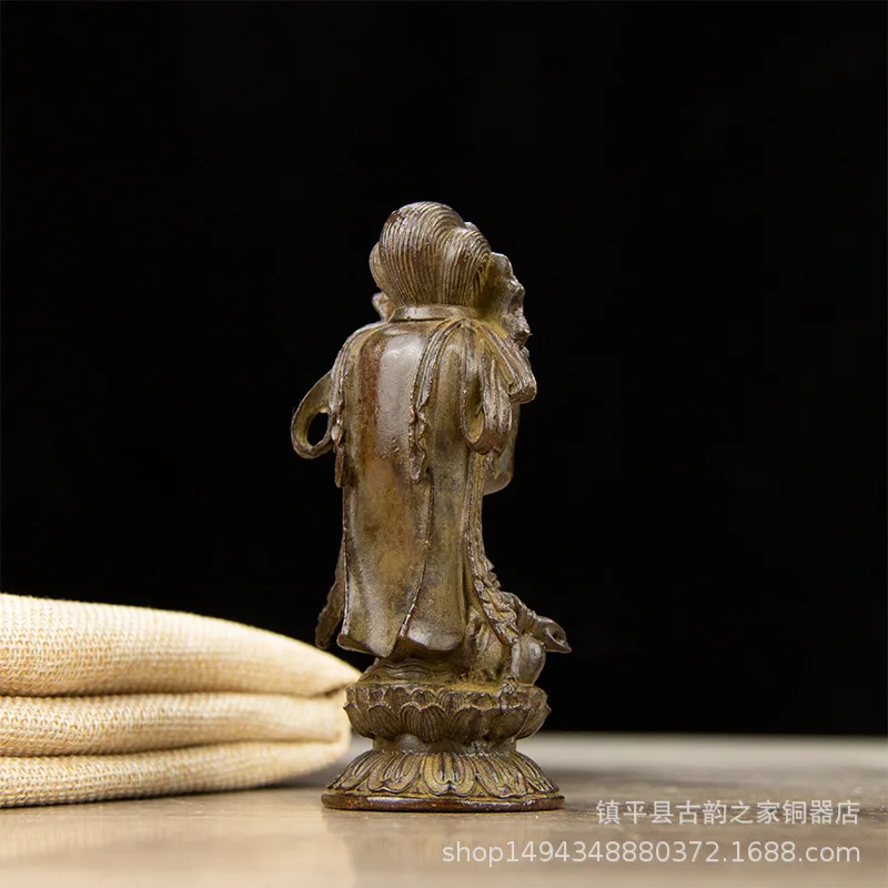 Brass Antique Cartoon Lotus Figurine Copper Guanyin Bodhisattva Ornament for Living Room Office Store Decoration