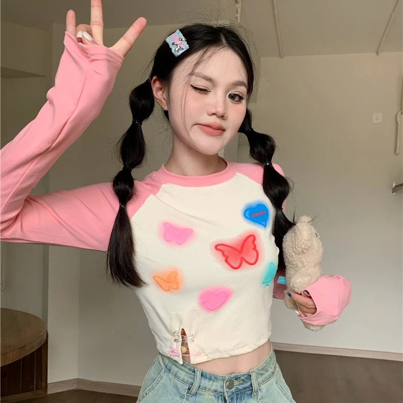 Women's T Shirt Spring New Color Collision Butterfly Print Long Sleeve Tops Sweet Versatile Short Tees Female Graphic T-shirts