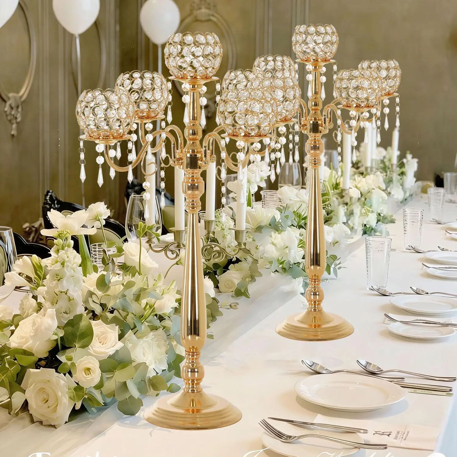 Gold Floor Candelabra  5-Arm Set of 4 Crystal Candle Holder Beaded Chandelier Wedding Centerpiece Anniversary Party Palace Theme Table Decoration