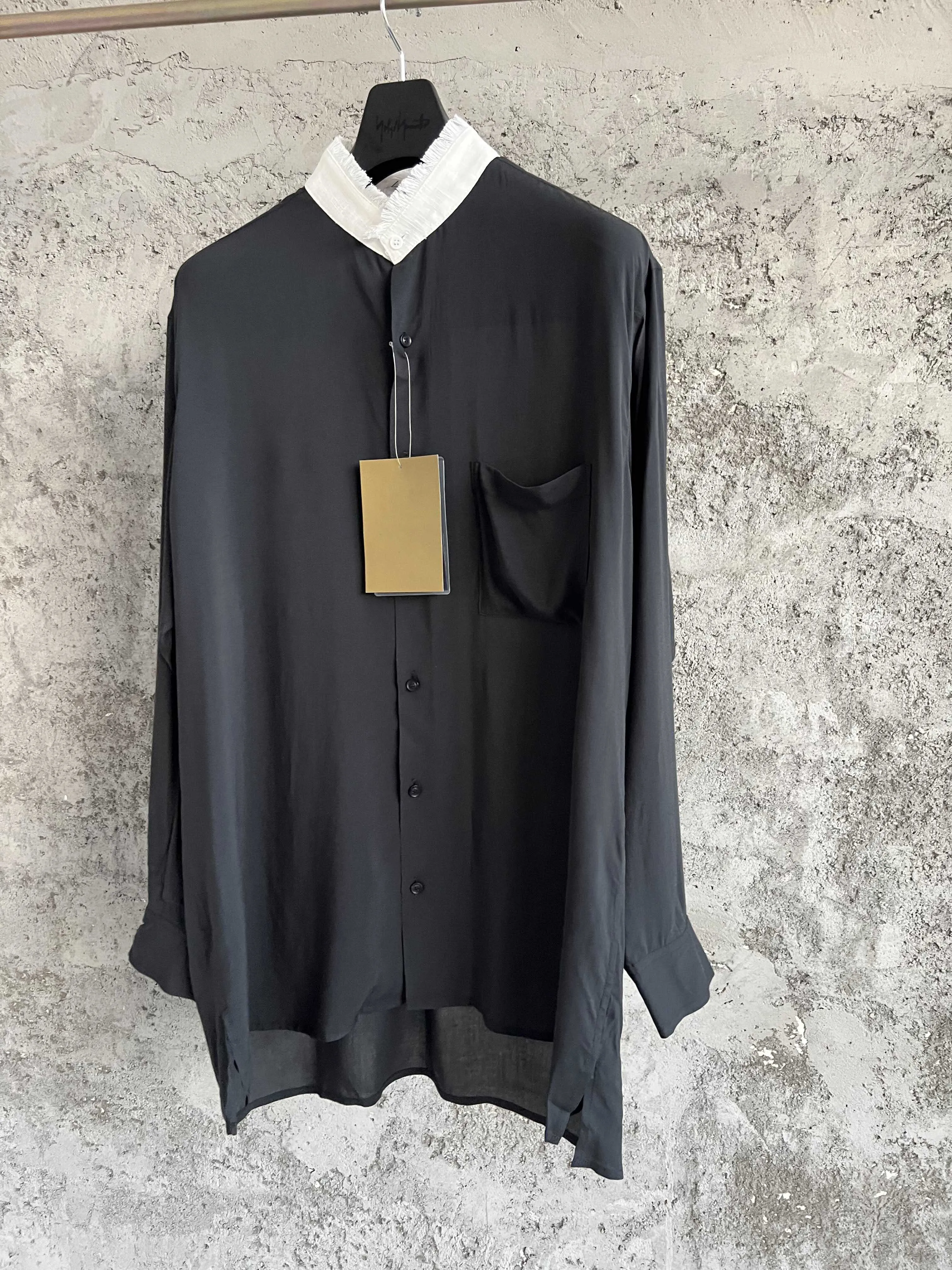 Original Japanese design sense fringed color-blocking stand-up collar patchwork shirt