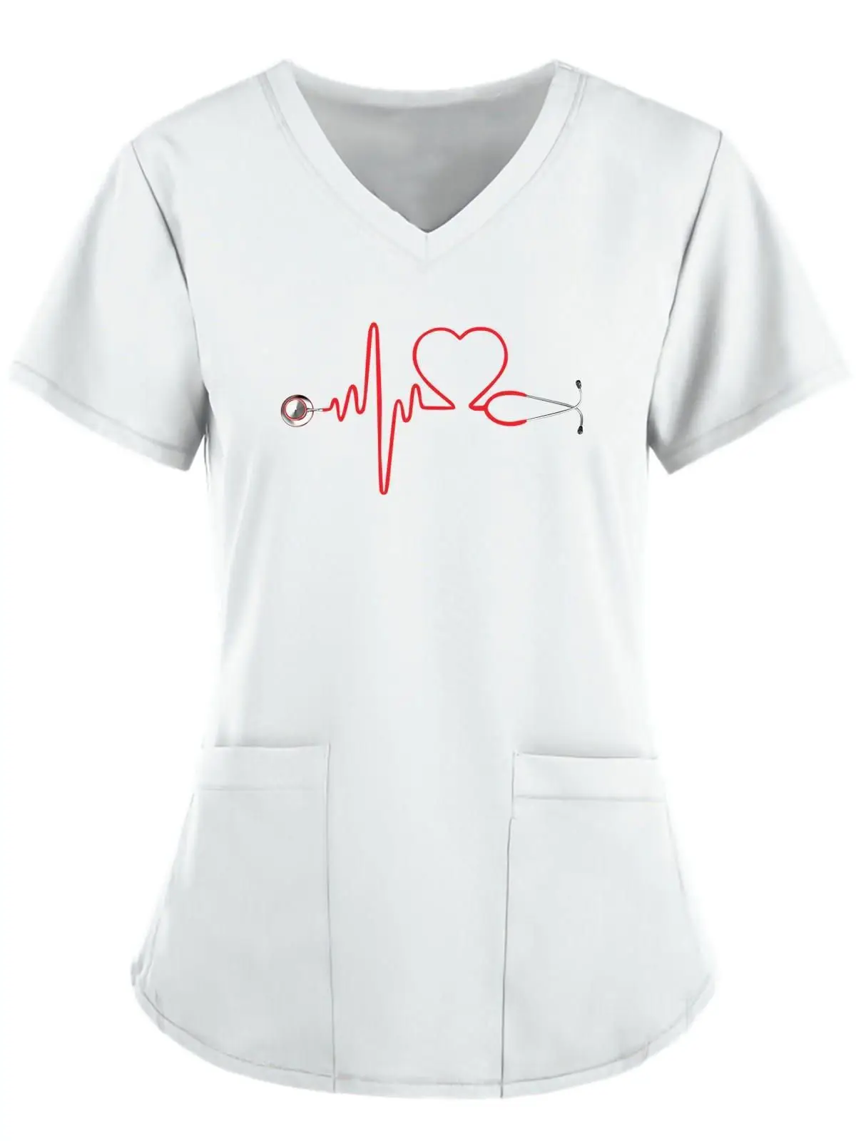 New Women With Stethoscope Pattern Short-Sleeved V-Neck Fashion Frosted Blouse Uniform Short-Sleeved Doctors And Nurses New