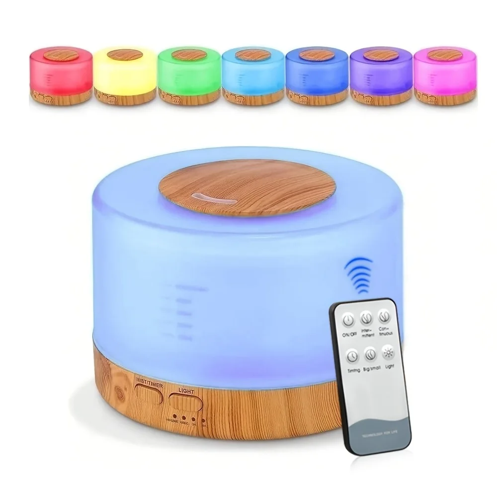 

Ультразвуковой диффузор эфирного масла на 500 мл с дистанционным управлением и 7 цветными светодиодными лампами | Увлажнитель воздуха + набор из 6 эфирных масел премиум-класса