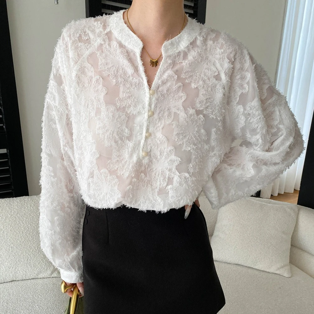 TWOTWINSTYLE Solid Spliced Lace Basics Shirt Female V Neck Long Sleeve Loose French Commute Women's Shirts Autumn Fashion New