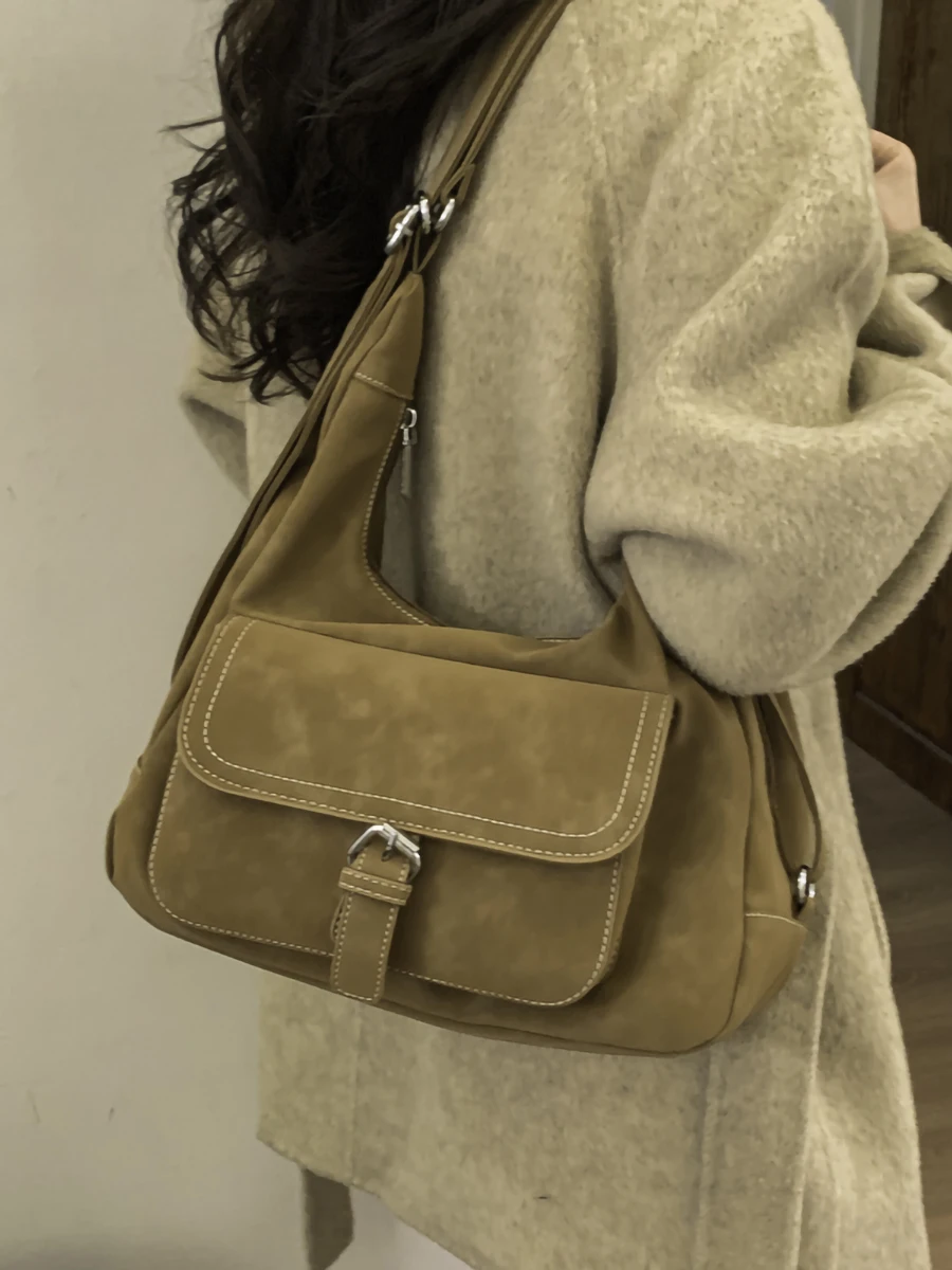 

Casual Suede Leather Retro Bapa Women's Large Capaci Single oulder Tote Bag Commuter Double oulder Bag Trendy 2025