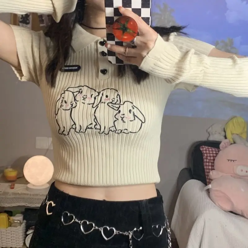 KOSAHIKI Kawaii กระต่ายพิมพ์ผู้หญิง Crop Top Y2k แฟชั่นสบายๆ Harajuku Vintage Streetwear ออกแบบ Slim Bodycon E-สาวเสื้อยืด