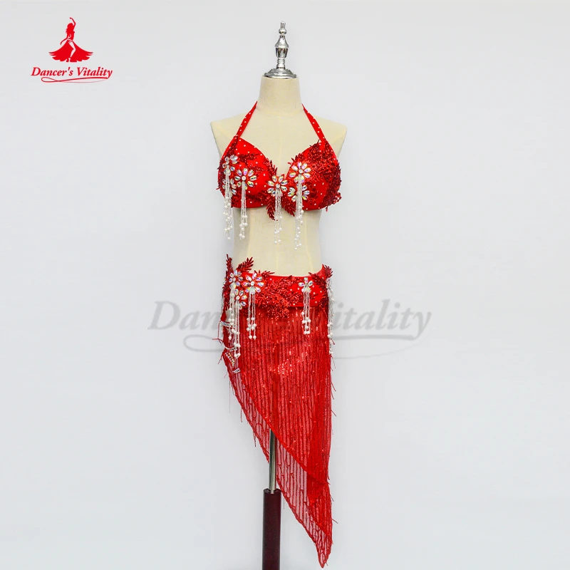 Belly Dance Suit Shiny Tassel Diamond Bra Short Skirt Oriental Dancewear Set High-End Custom Adult Child Performance Clothing