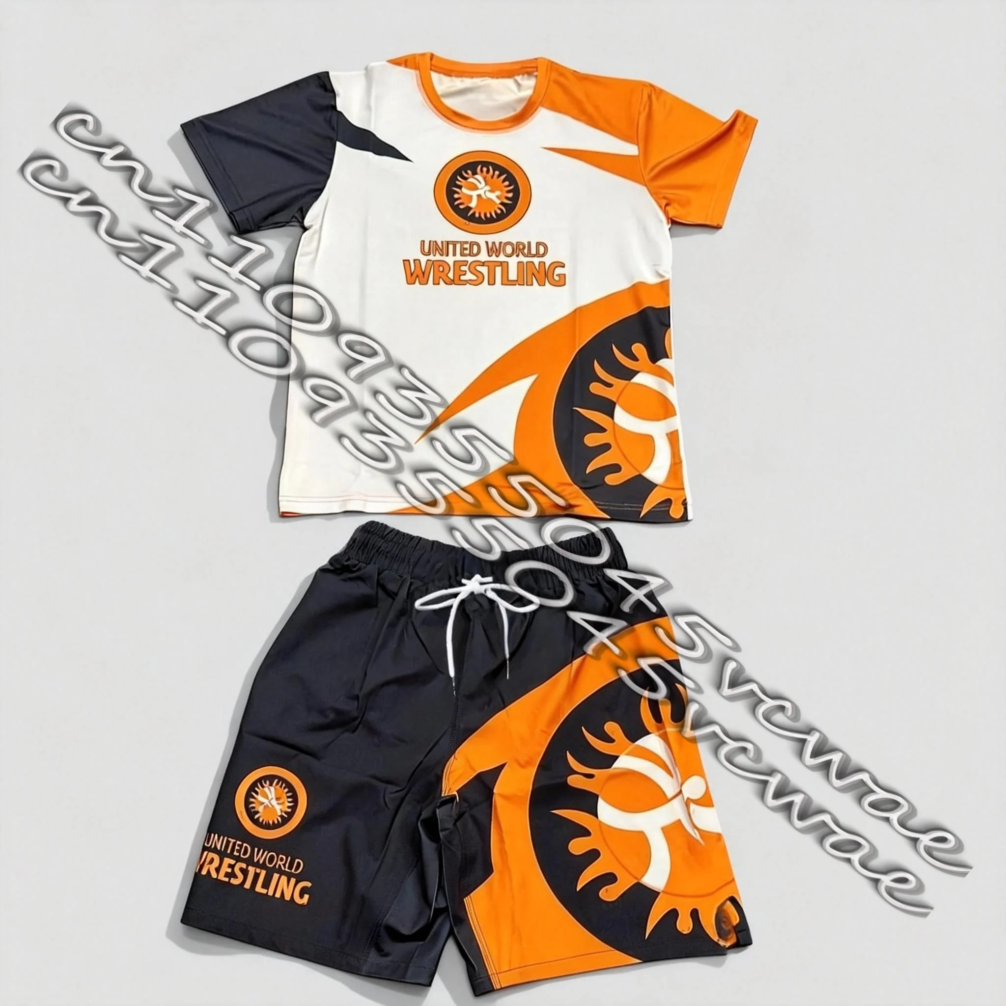 New United World Wrestling Sports Set Men's Black White Graphic Rash Guard & Shorts Quick Drying MMA Training Combat Suit