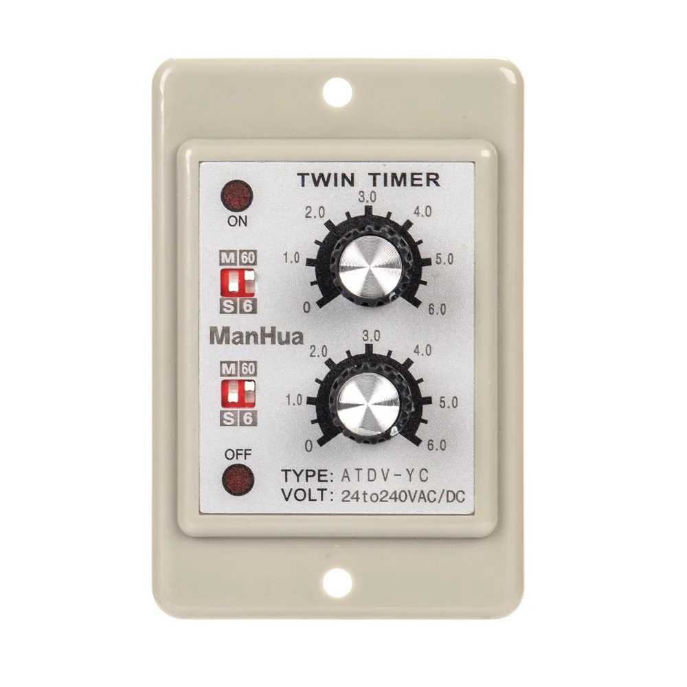 ManHua On Off Twin Timer Relay Knob Control Time Switch ATDV 6S-60M Relay Board 24 to 240VAC/DC Electrical Access