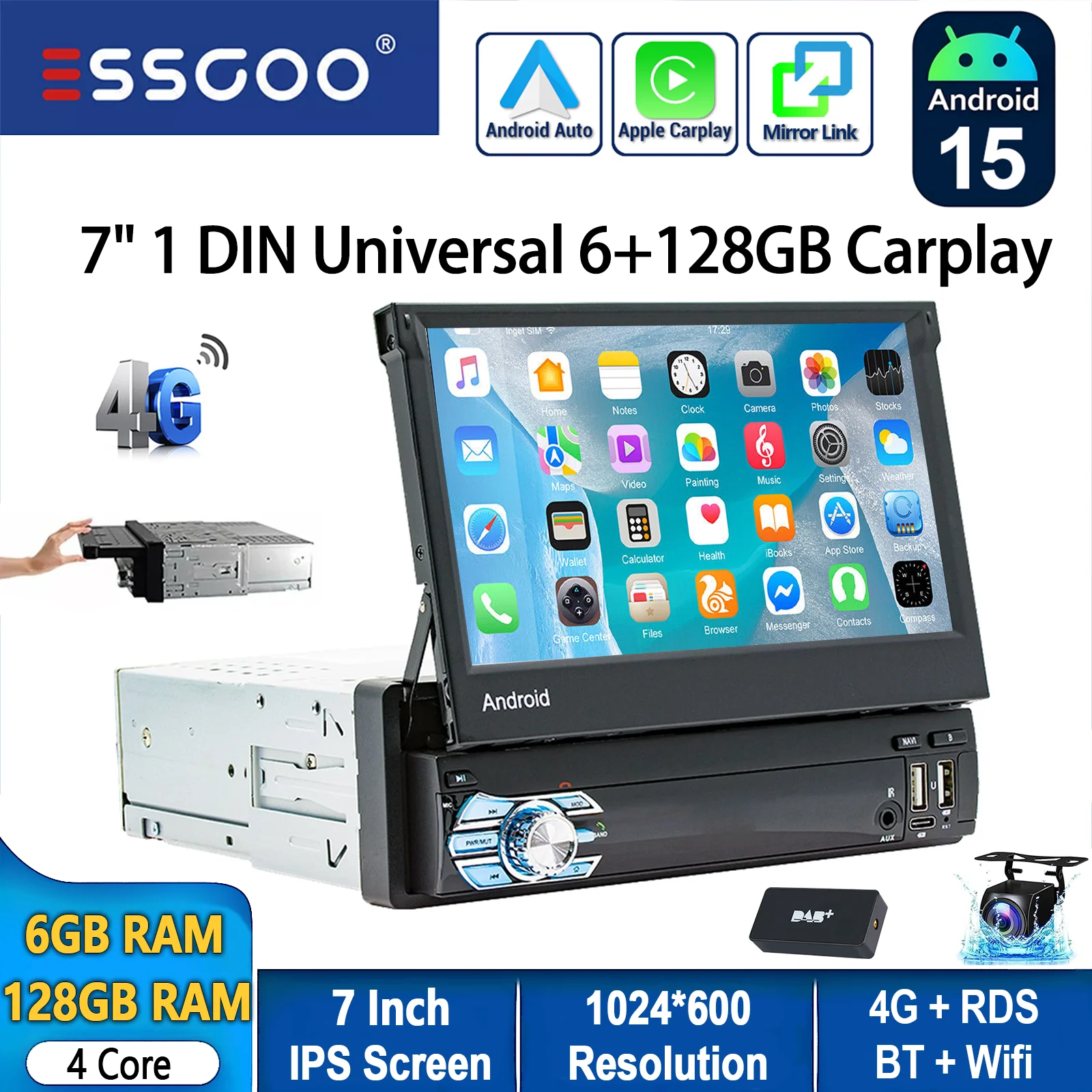 Autoradio ESSGOO Android 15 7 Inch 6+128G 1 DIN 8 Kern Uitklapbaar Touchscreen Draadloze CarPlay Android Auto GPS Navigatie WIFI RDS Bluetooth Stuurwielbediening 4G FM USB Type-C AUX - afbeelding 1